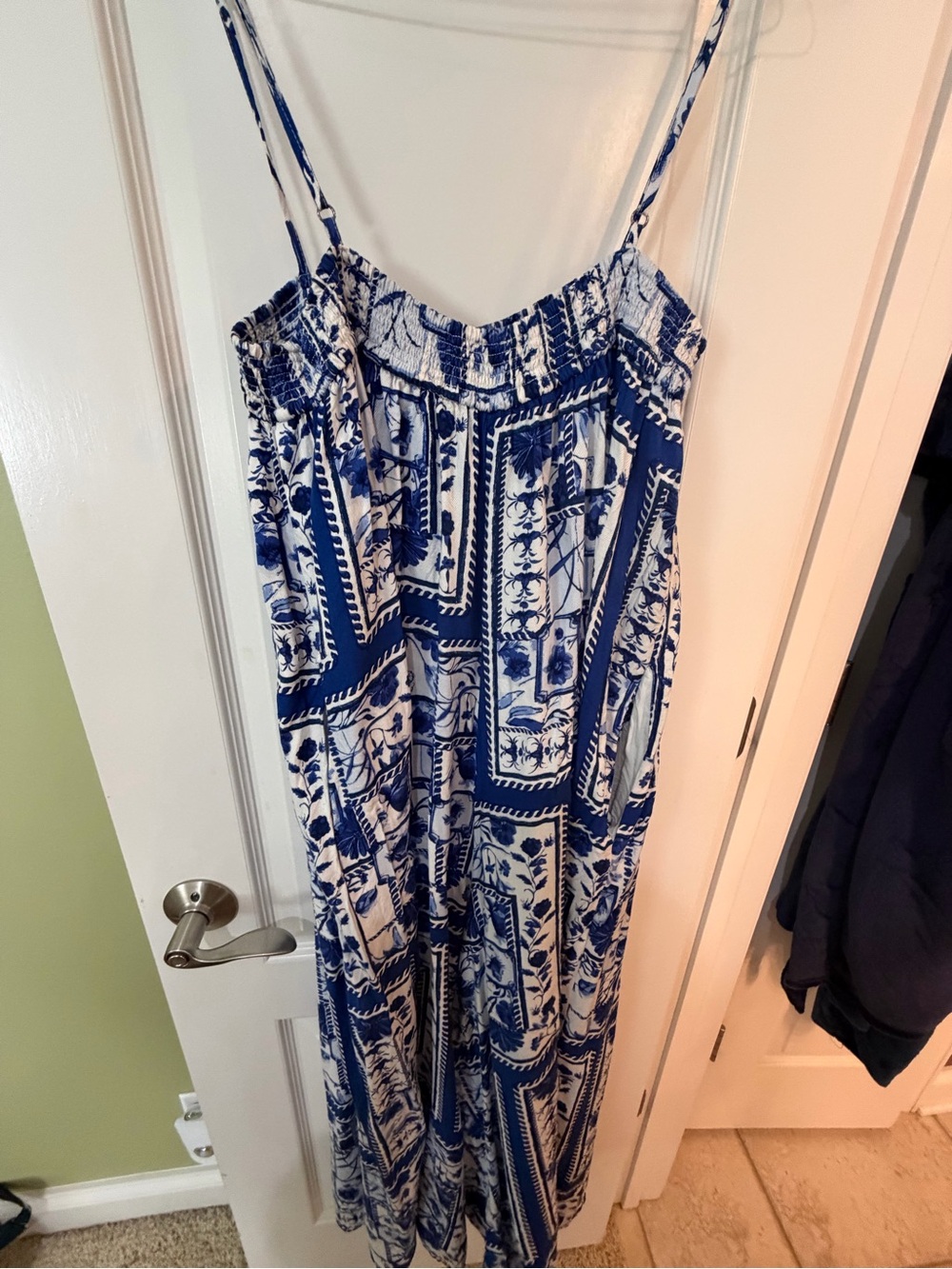 Maeve Blue and White Smocked Maxi Dress